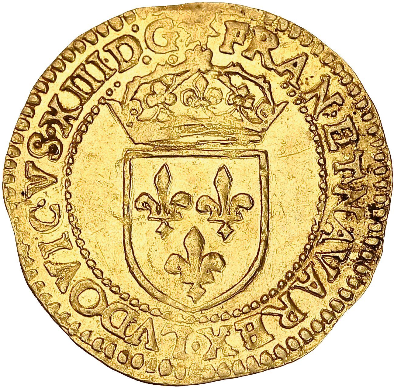 Null 路易十三 (1610-1643) 
带太阳的金色盾牌，第1式。1615.鲁昂。3,39 g.
法国的皇冠盾牌。
R/ 十字花纹，心中有不同的车间。
D&hellip;
