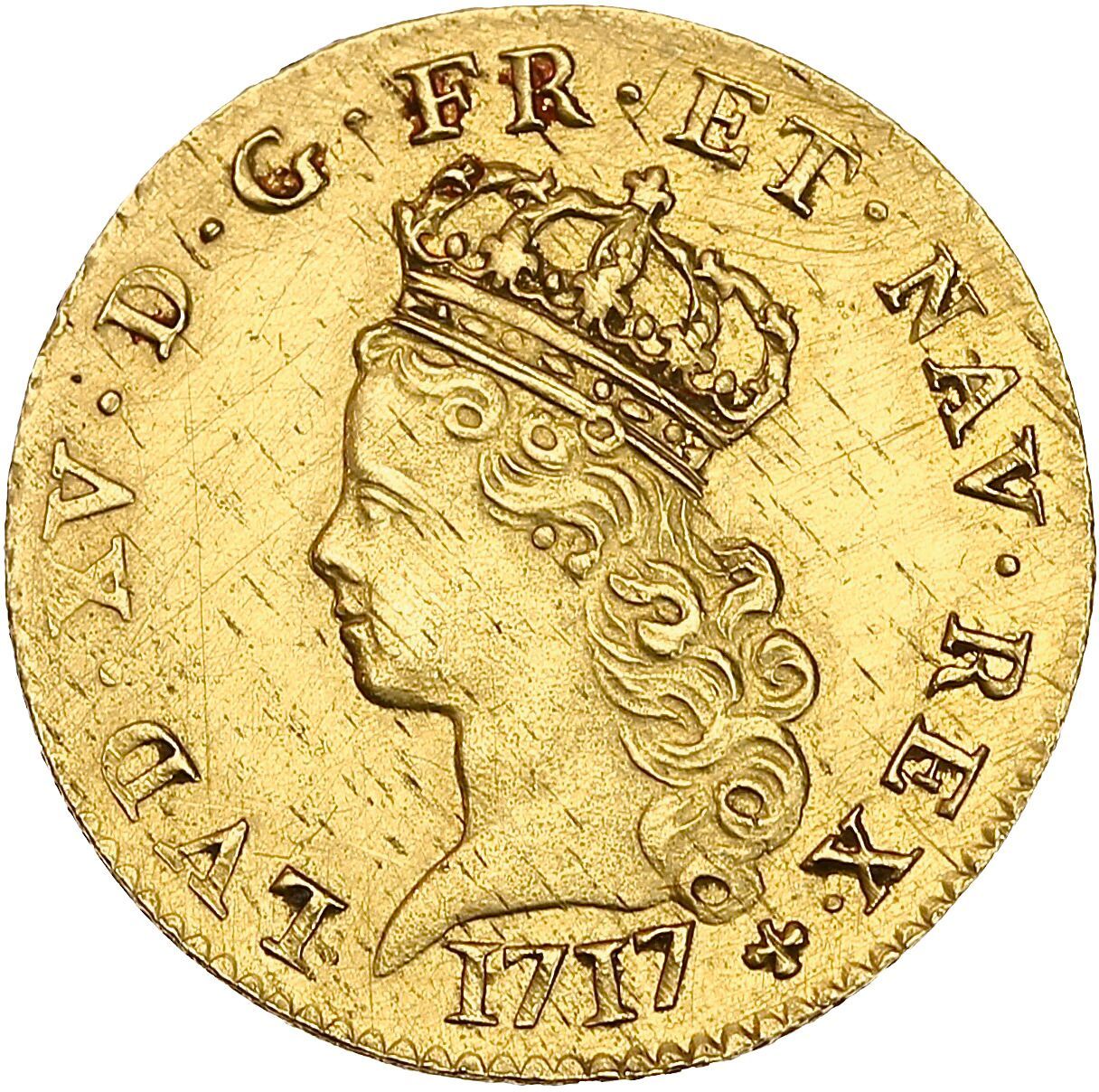 Null 路易十五（1715-1774）
诺亚尔半金路易。1717.巴黎。6.12克。
国王的皇冠头像在左边。
R/ 法国的两个冠状盾牌和纳瓦拉的两个冠状盾牌，&hellip;
