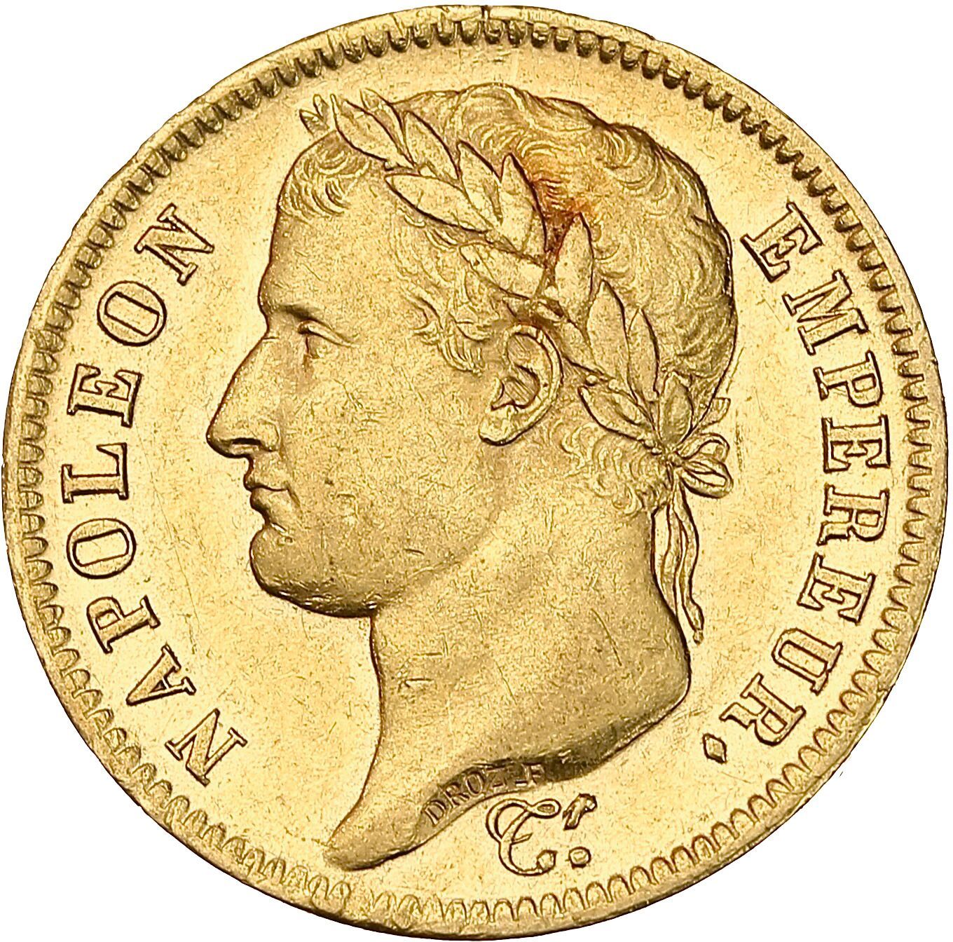 Null 第一帝国(1804-1814)
40法郎或。 1813年。巴黎。
他的光头在左边。
R/价值在一个花环。
G. 1084.
TTB到极好的。