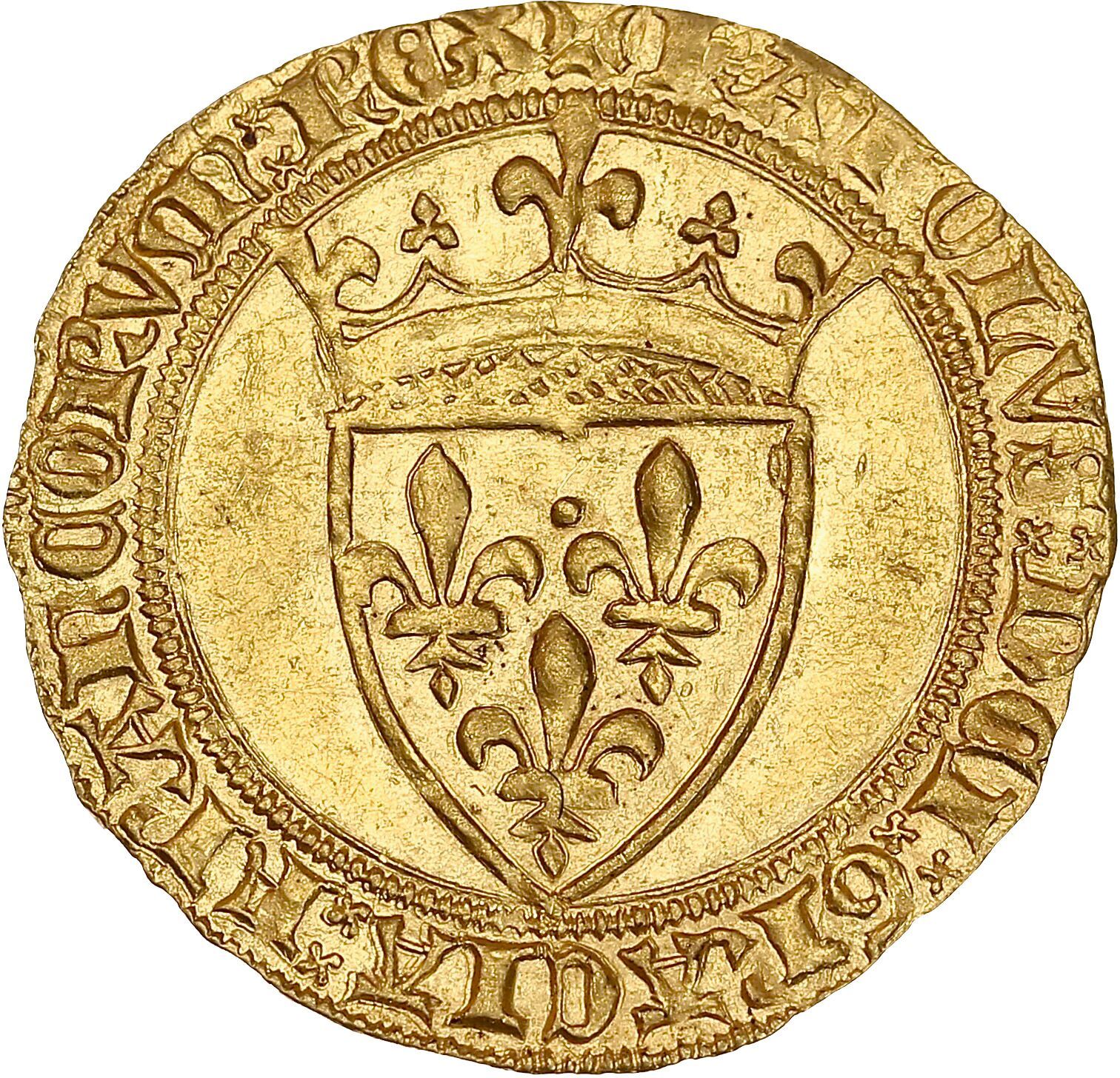 Null 查尔斯六世（1380-1422）
带皇冠的金盾。蒙彼利埃。3,92 g.
法国的带冠盾牌。
R/ 在四叶草内的十字架，两侧有四个冠状物。
D. 369&hellip;