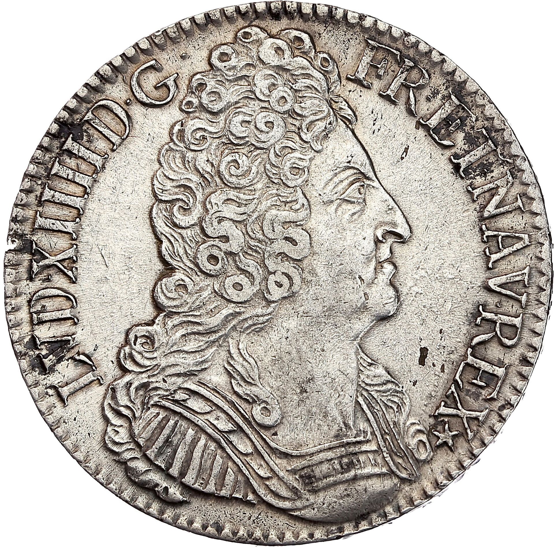 Null 路易十四 (1643-1715) 
带有三冠的盾牌。1709.巴黎。
右侧的国王半身像，胸前有盔甲的古董。
R/ 三个皇冠在一个三角形中，由三朵百合花&hellip;