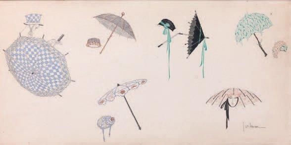 Georges LEPAPE (1887-1971) Les ombrelles Encre et gouache, signée en bas vers la&hellip;