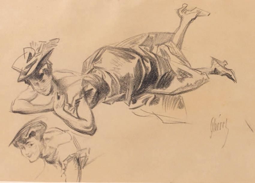 Jules CHÉRET (1836-1932) Étude de femme allongée Dessin au crayon noir et à l'es&hellip;