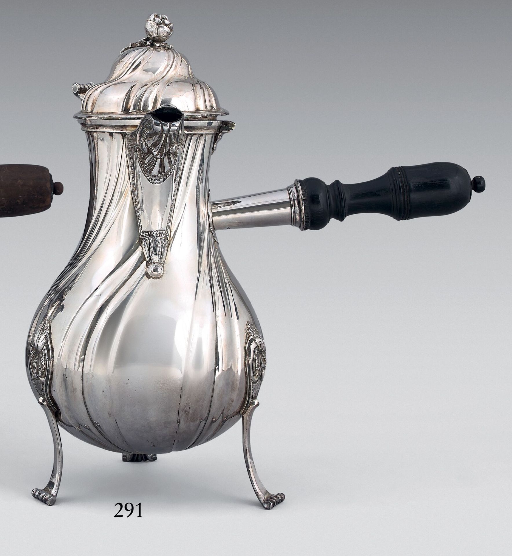 Null Silver tripod coffee pot in the form of a baluster with twisted ribs, the f&hellip;