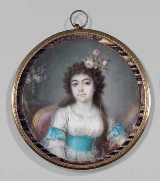 École FRANÇAISE de la fin du XVIIIe siècle Portrait de femme Miniature sur ivoir&hellip;