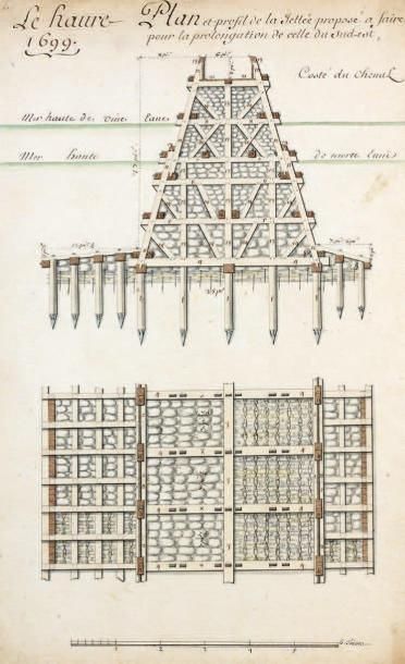 ÉCOLE FRANÇAISE de la fin du XVIIe siècle Plan et profil d'une jetée projetée au&hellip;