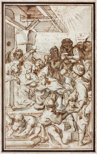 École Flamande du XVIIe siècle Adoration des Mages Plume, lavis. 30,4 x 19 cm