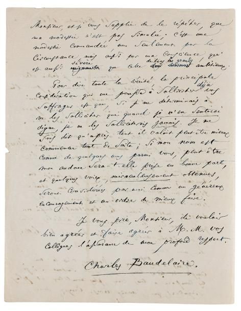 BAUDELAIRE (Charles) Lettre autographe signée «Charles Baudelaire», [adressée au&hellip;