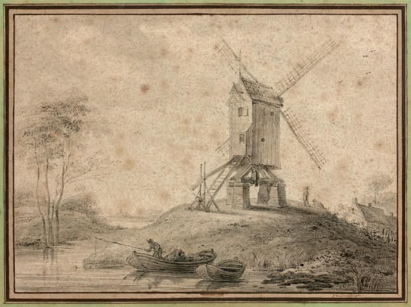 Ecole Flamande du XVIIIe siècle 
Paysage au moulin à vent, animé de personnages
&hellip;