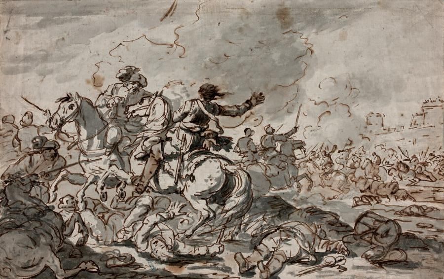 ÉCOLE FRANÇAISE de la fin du XVIIe siècle 
Scène de combat
Plume, encre brune, l&hellip;