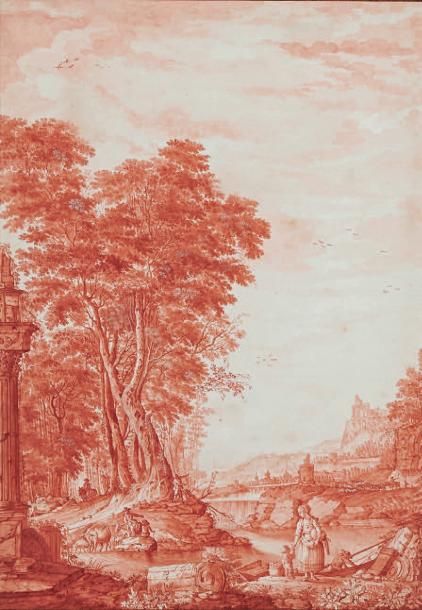École FRANÇAISE du XVIIIe siècle 
Paysage
Lavis rouge à rehauts de gouache.
Port&hellip;