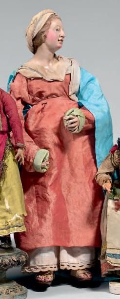 Null Grande statuette de la Vierge en robe rouge et manteau bleu en terre cuite &hellip;