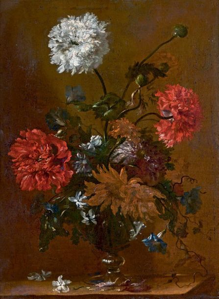 ÉCOLE FRANÇAISE de la fin du XVIIe siècle Bouquet de fleurs dans un vase en verr&hellip;