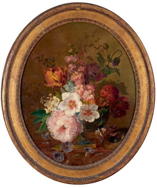 École FRANÇAISE du XVIIIe siècle Bouquet de fleurs dans un vase posé sur un enta&hellip;