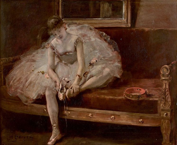 Henri GERVEX (1852-1929) 
Ballerine assise dans un canapé se chaussant
Huile sur&hellip;