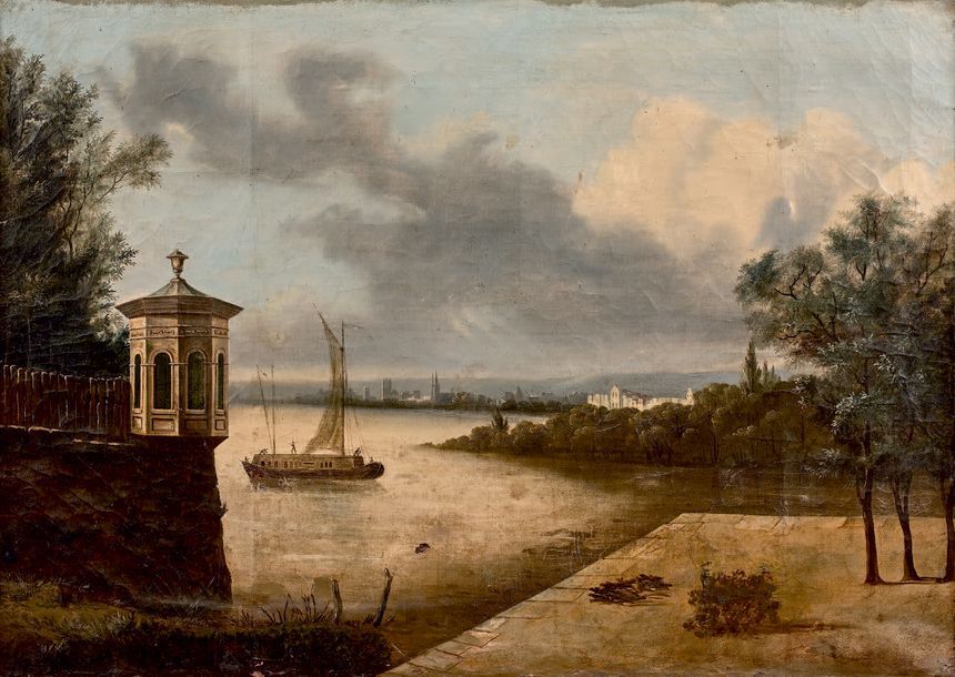 École Française du XIXe siècle 
Paysage fluvial, bateau
Huile sur toile.
70 x 10&hellip;