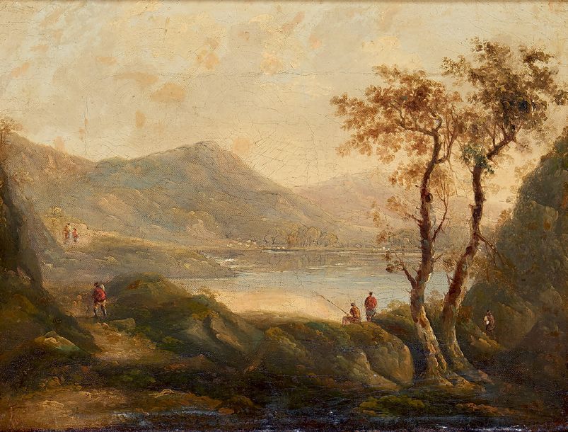 École Française du XIXe siècle Paysage au bord d'un lac animé de personnages
Hui&hellip;