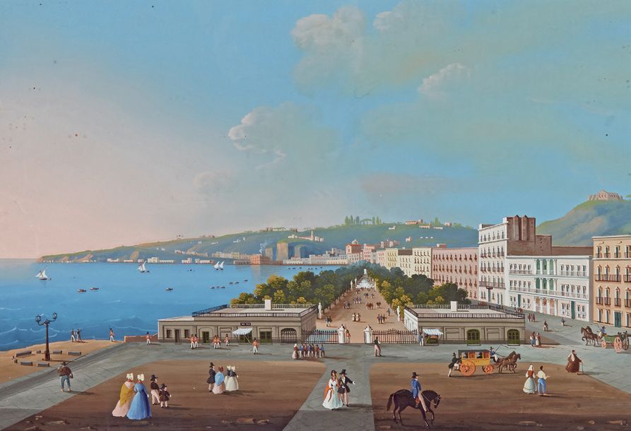 École Napolitaine du XIXe siècle Vue des quais du Palais Royal - Vue des temples&hellip;