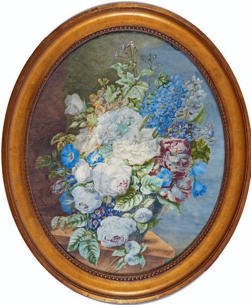 École FRANÇAISE de la fin du XIXe siècle Bouquet de fleurs dans un vase posé sur&hellip;
