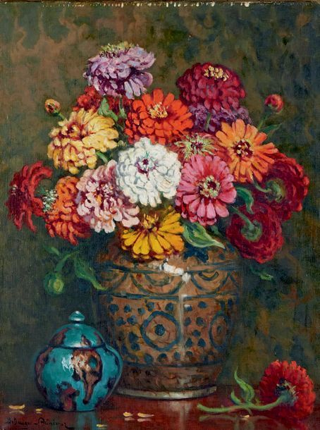 Paul BELLANGER-ADHEMAR (1868-1948) Bouquet de zinnias au vase en céramique
Huile&hellip;