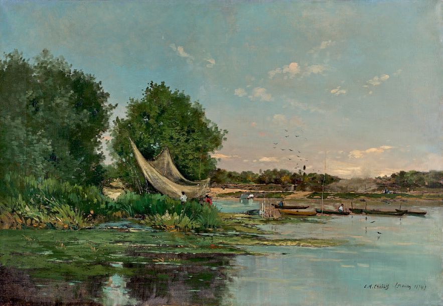 E. M. CHABLIS Pêcheurs à Saint-Ouen, 1874 Huile sur toile, signée, datée et situ&hellip;