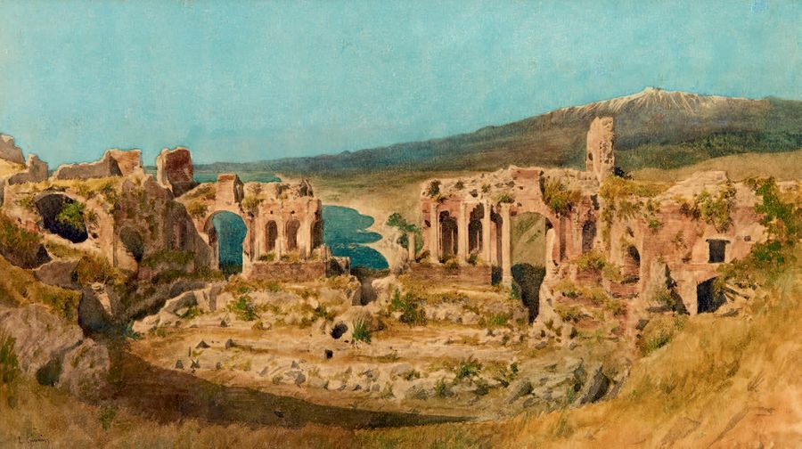 Léon GINAIN (1825-1898) Vue du théâtre antique de Taormina
Aquarelle, signée en &hellip;
