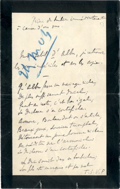 PROUST (Marcel) Poème autographe. [Mars ou mai 1904].

61 vers octosyllabes sur &hellip;