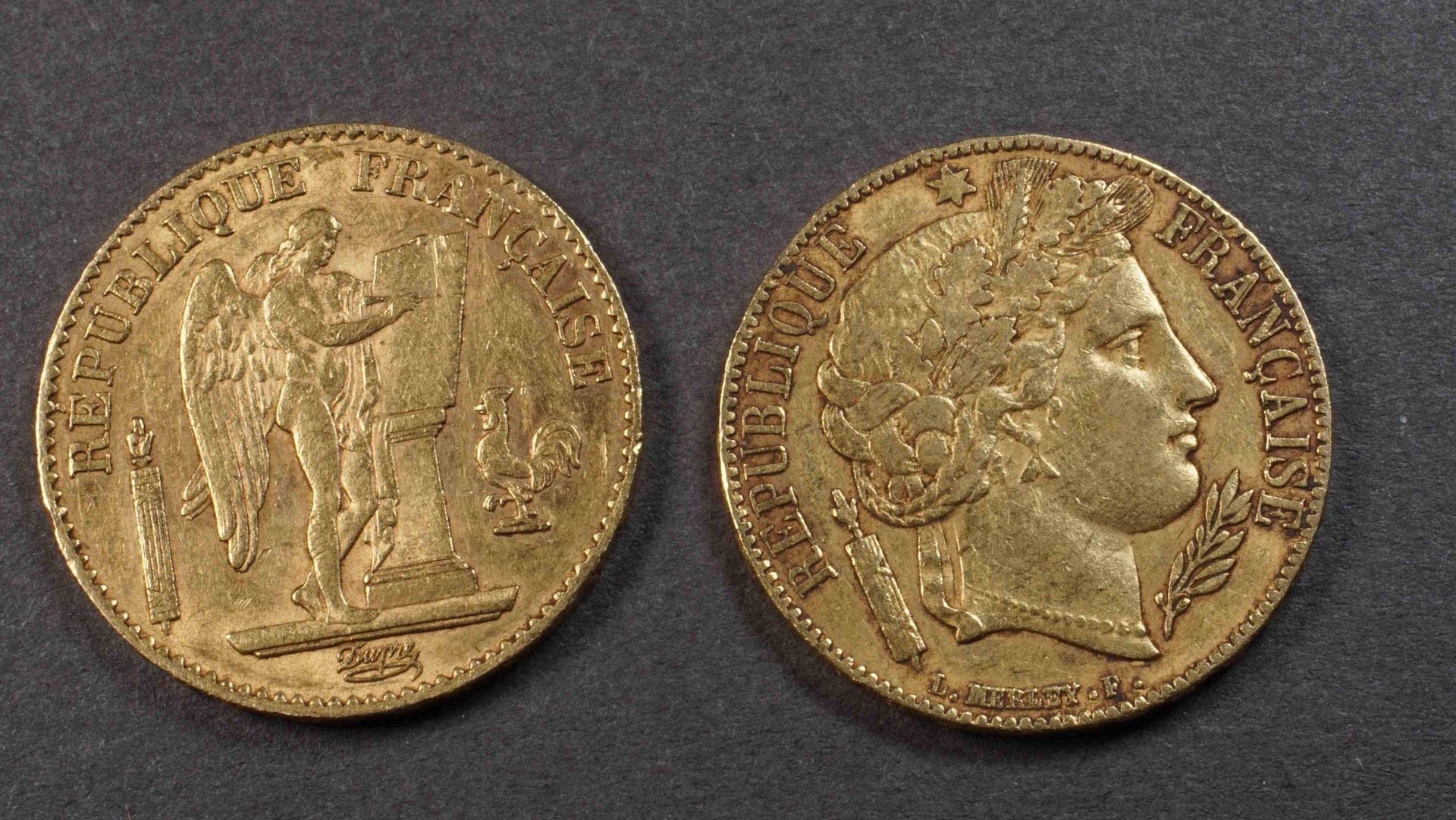 Null 2 pièces de 20 F or 900°/°°°, dont 1 Cérès 1851A et 1 au Génie 1874A.
Poids&hellip;