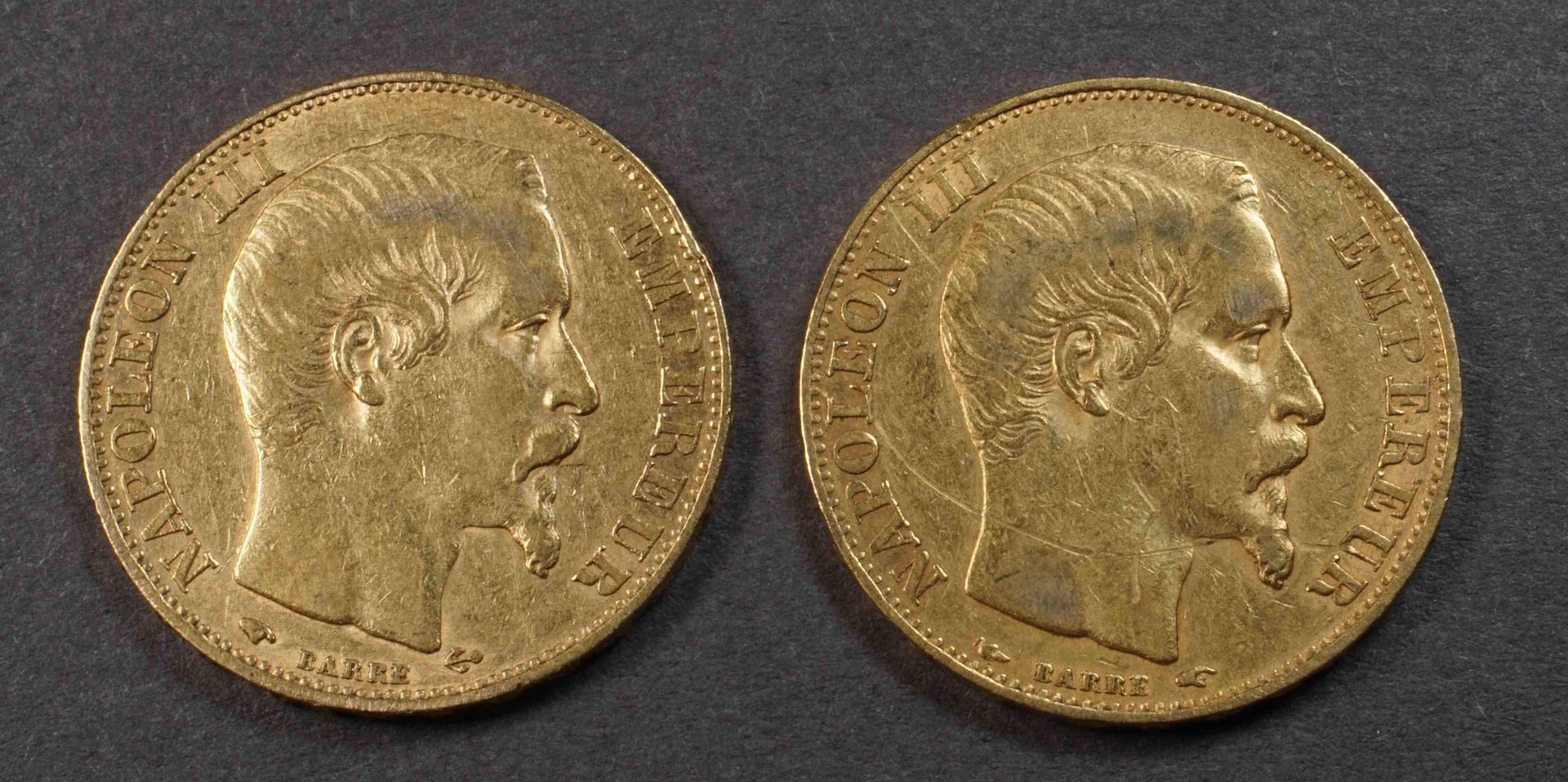 Null 2 coins of 20 F gold 900°/°°° Nap III, bare head, 1855A and 1858A.
Weight :&hellip;