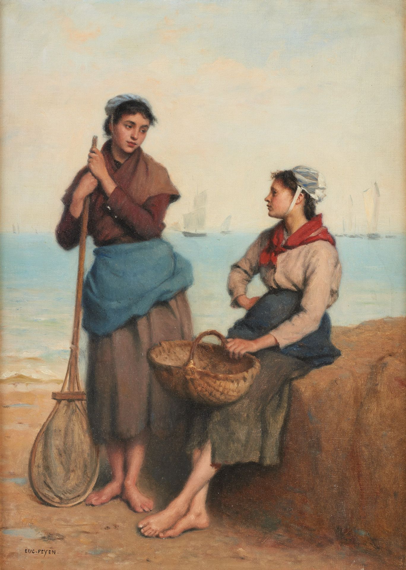 Eugène FEYEN École française (1815-1908) Huile sur toile: Deux jeunes pêcheuses &hellip;