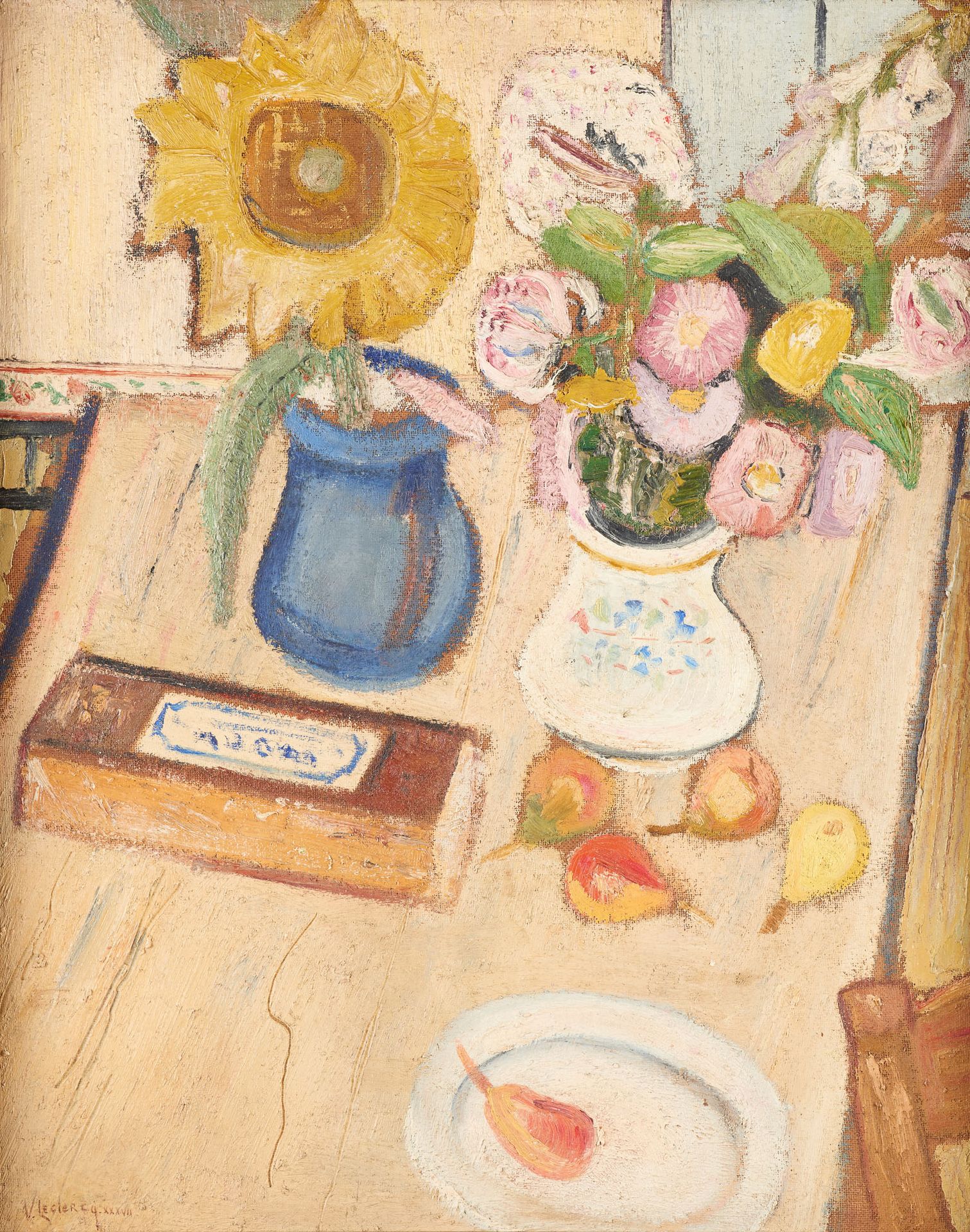Victor LECLERCQ École belge (1896-1944) 油画：桌子上有一个花瓶。

签名和日期：V. Leclercq XXXVII f&hellip;