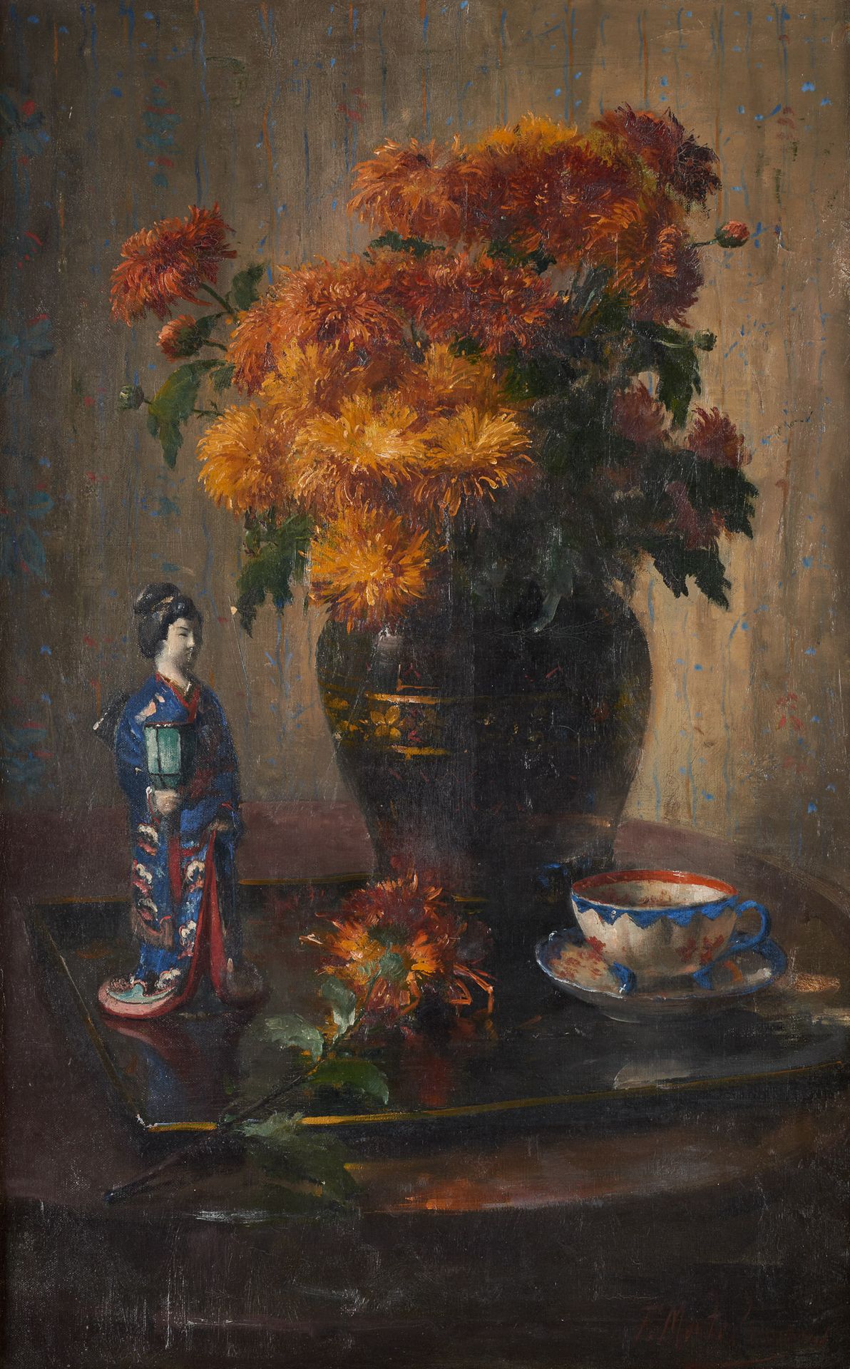 Frans MORTELMANS École belge (1865-1936) Olio su tela: Bouquet fleuri aux chinoi&hellip;