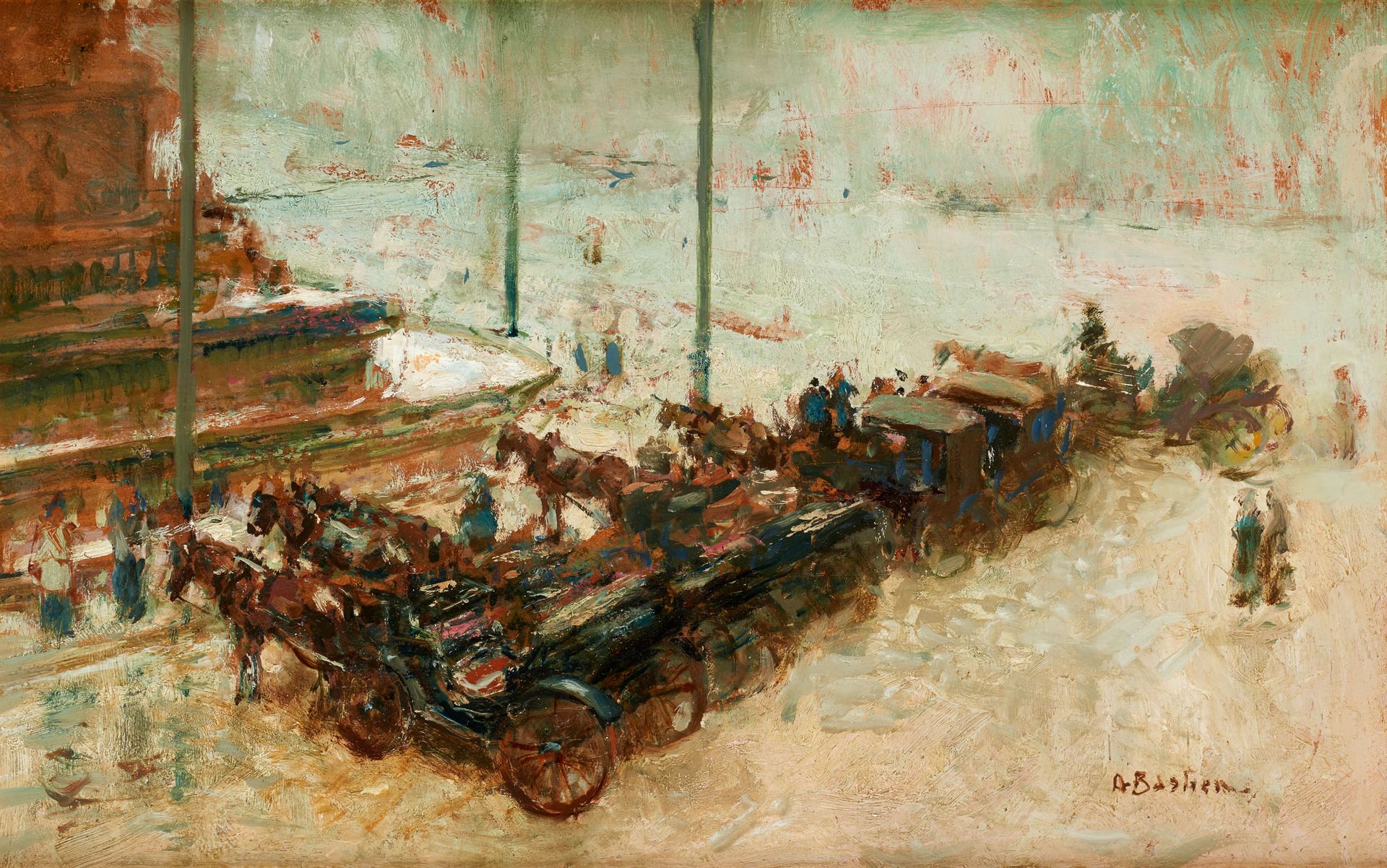Alfred Théodore BASTIEN École belge (1873-1955) Oil on panel: La halte des fiacr&hellip;