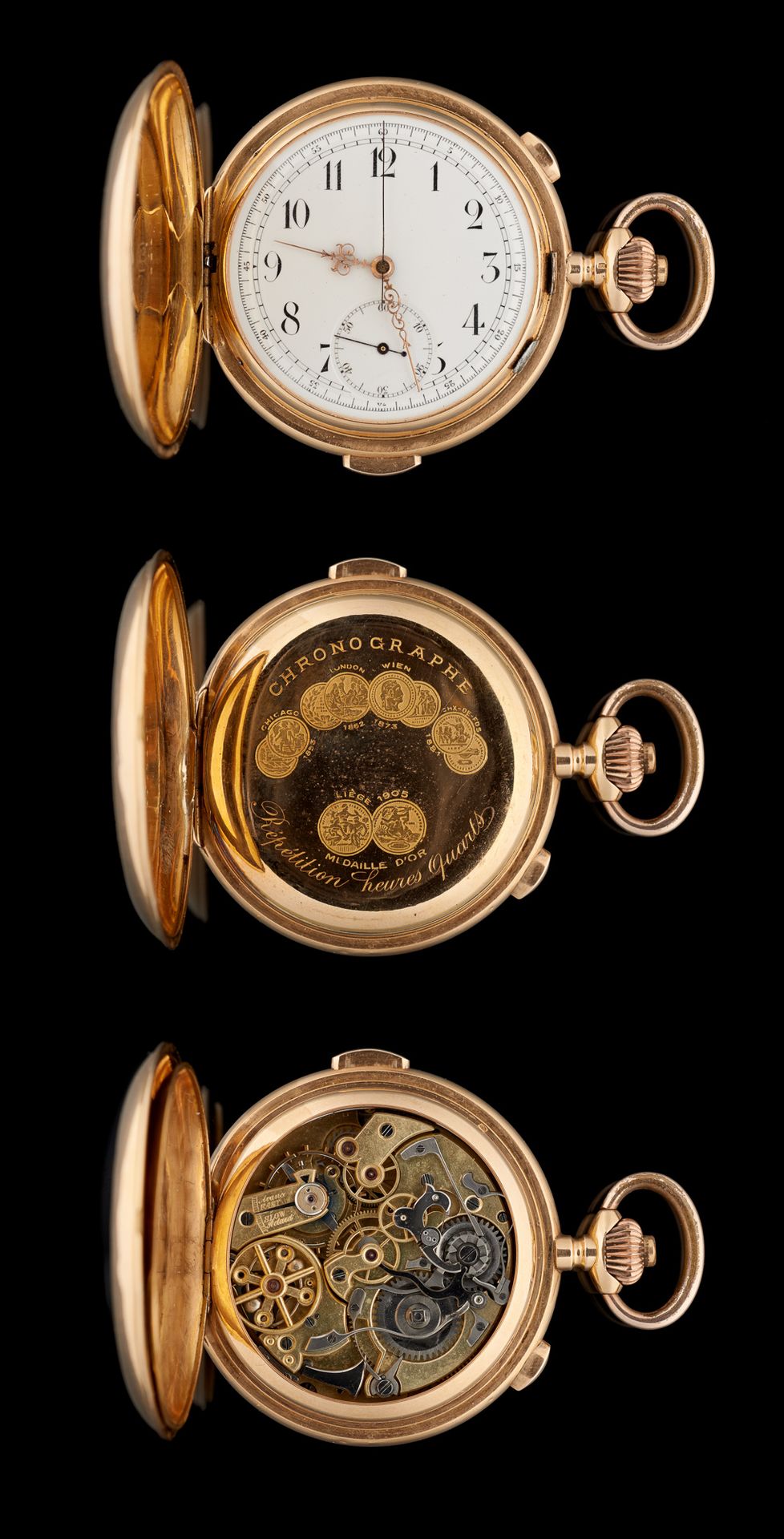 Circa 1900. 手表：18K金怀表，计时码表，小时和刻钟报时。

尺寸：表盘直径4厘米。