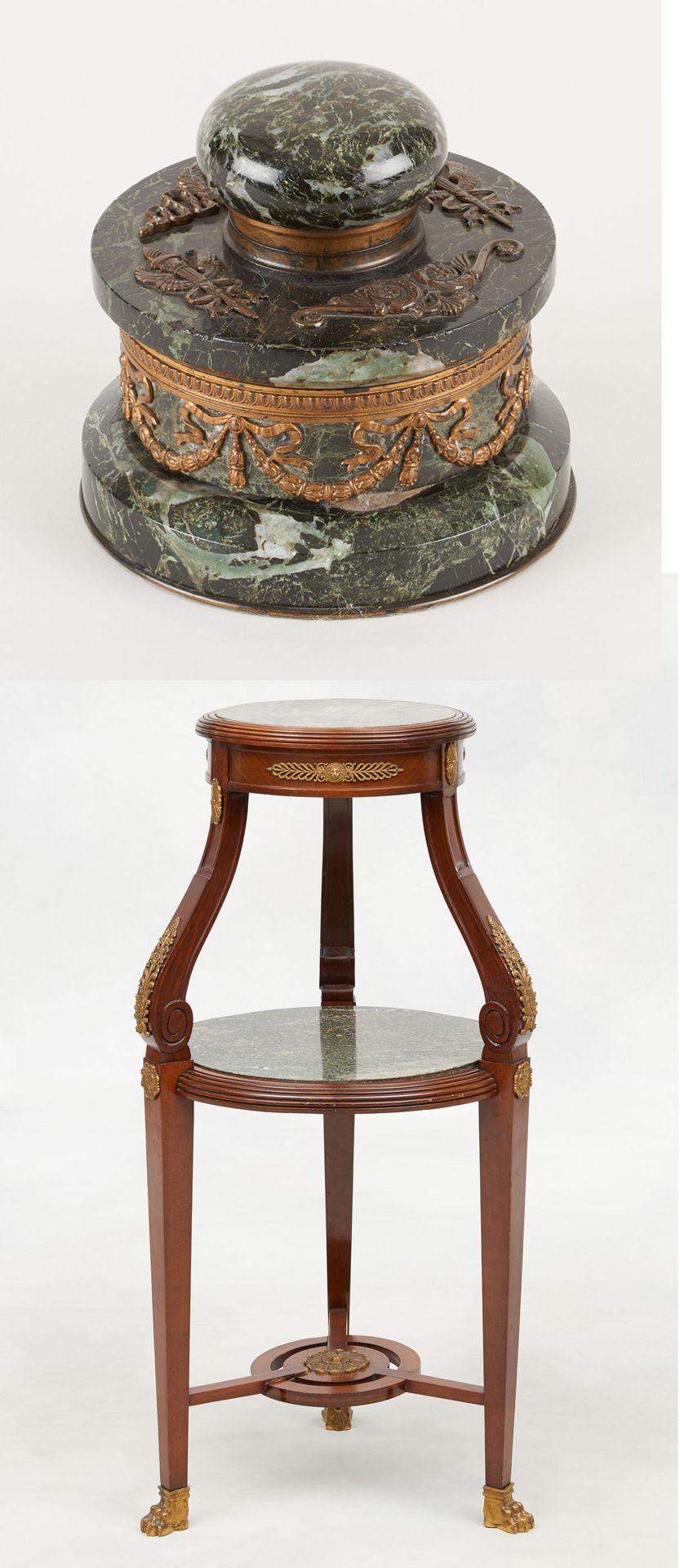 De style Empire. 家具：桃花心木Sellette有两个托盘，上面有一个蛇形的大理石架，镀金的青铜亮点，靠在三个交错的脚上。

附有一个蛇纹石大理&hellip;