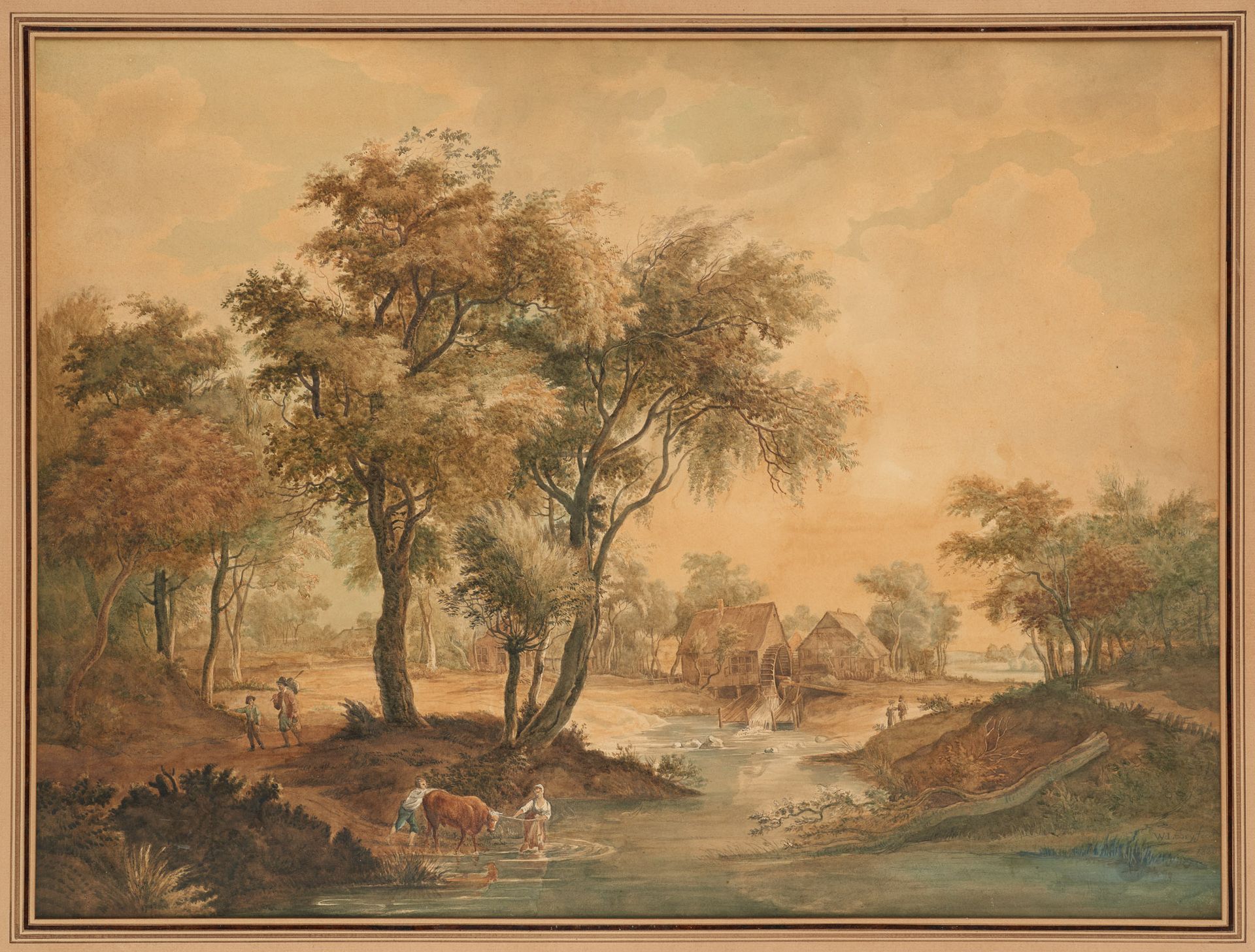 W. LOBRIJ École hollandaise (1774-1849) 纸上水彩：渡河。

签名和日期：W.Lobrij 1823年。

(发黄的纸张)&hellip;