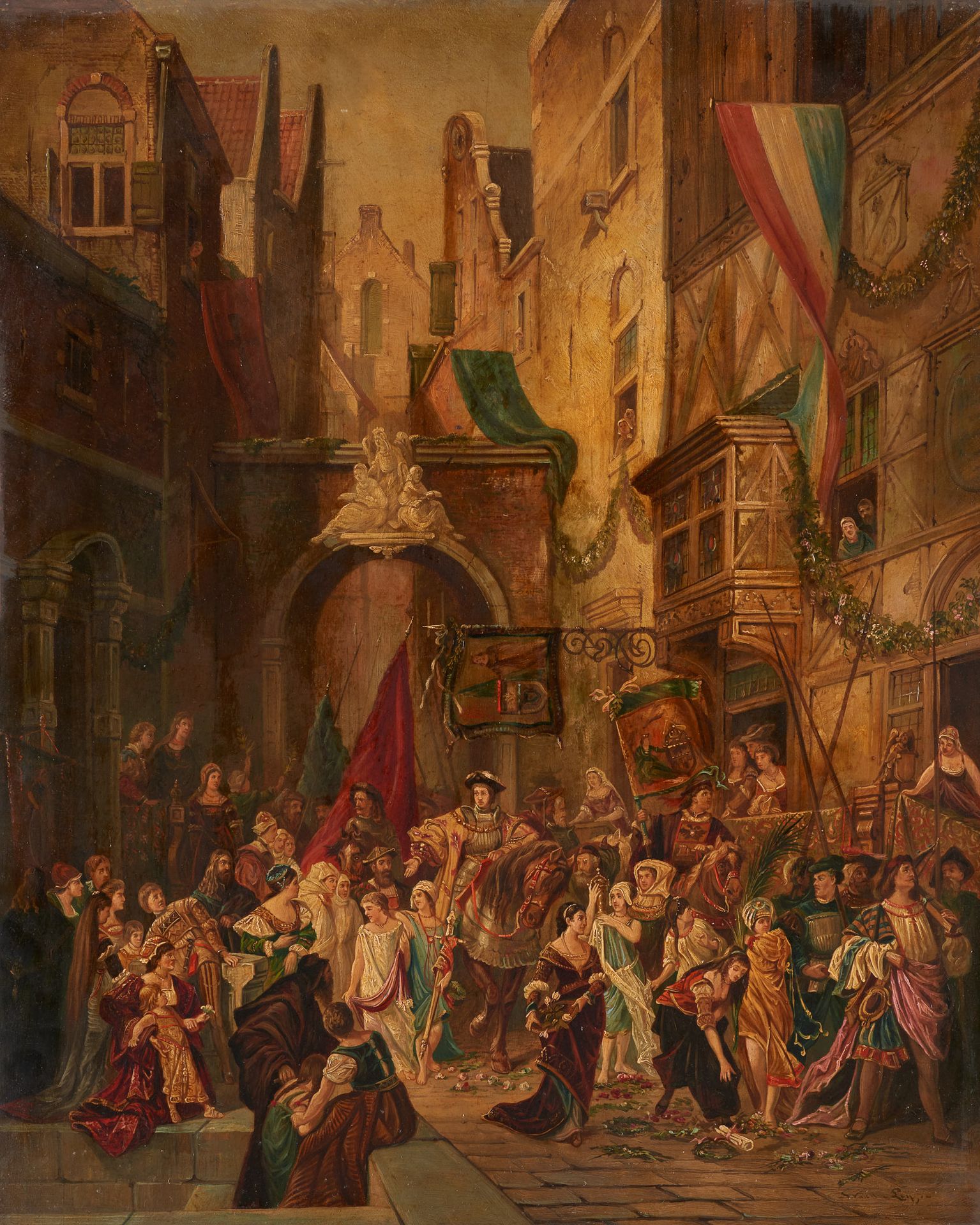 Simon VAN DER LEY (École hollandaise 19e) 油画：欢乐的入口。

签名：S. Van der Ley。

尺寸：61,5&hellip;