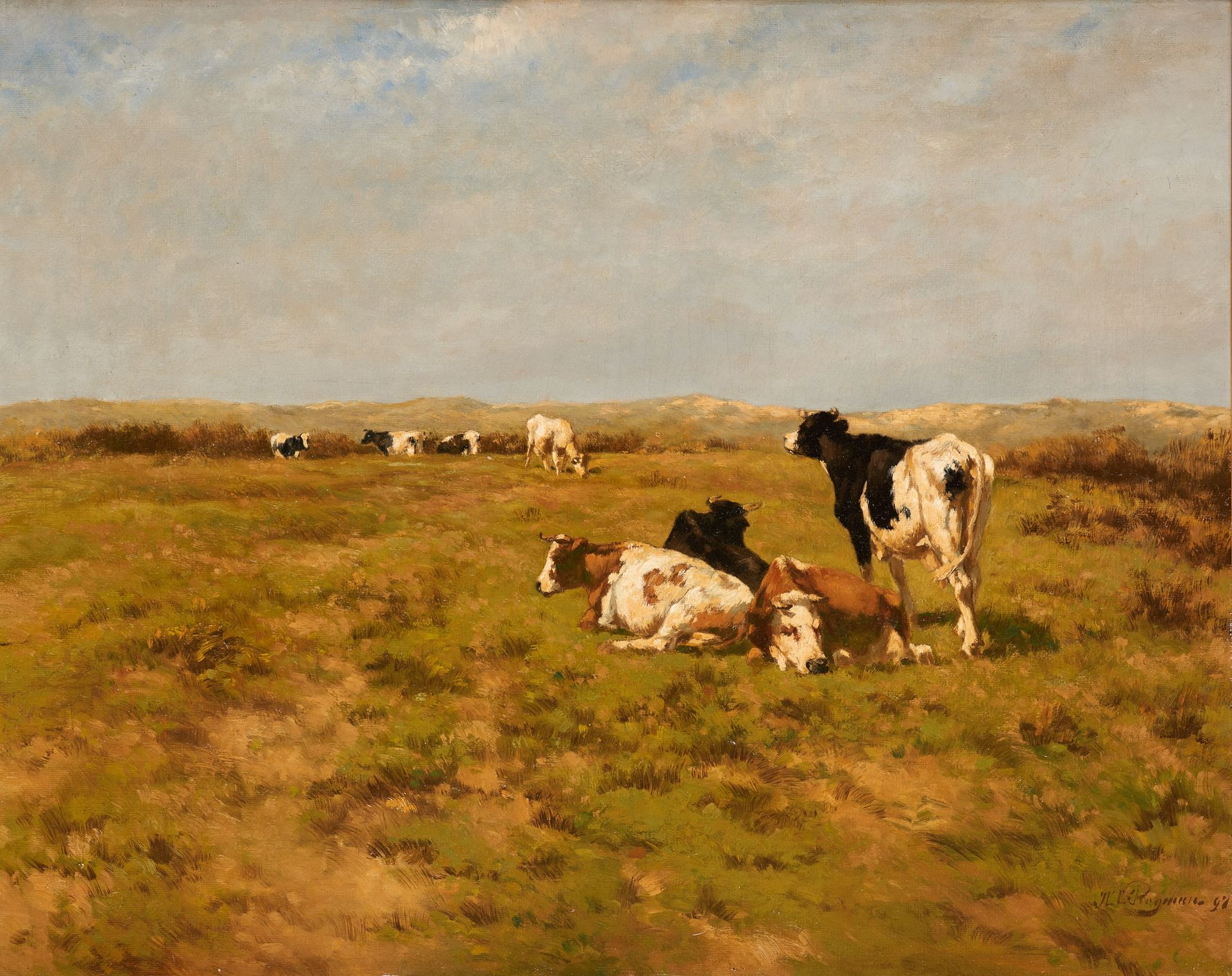 Hermanus Charles Christiaan BOGMAN École hollandaise (1861-1921) 布面油画：沙丘后面的奶牛。

&hellip;