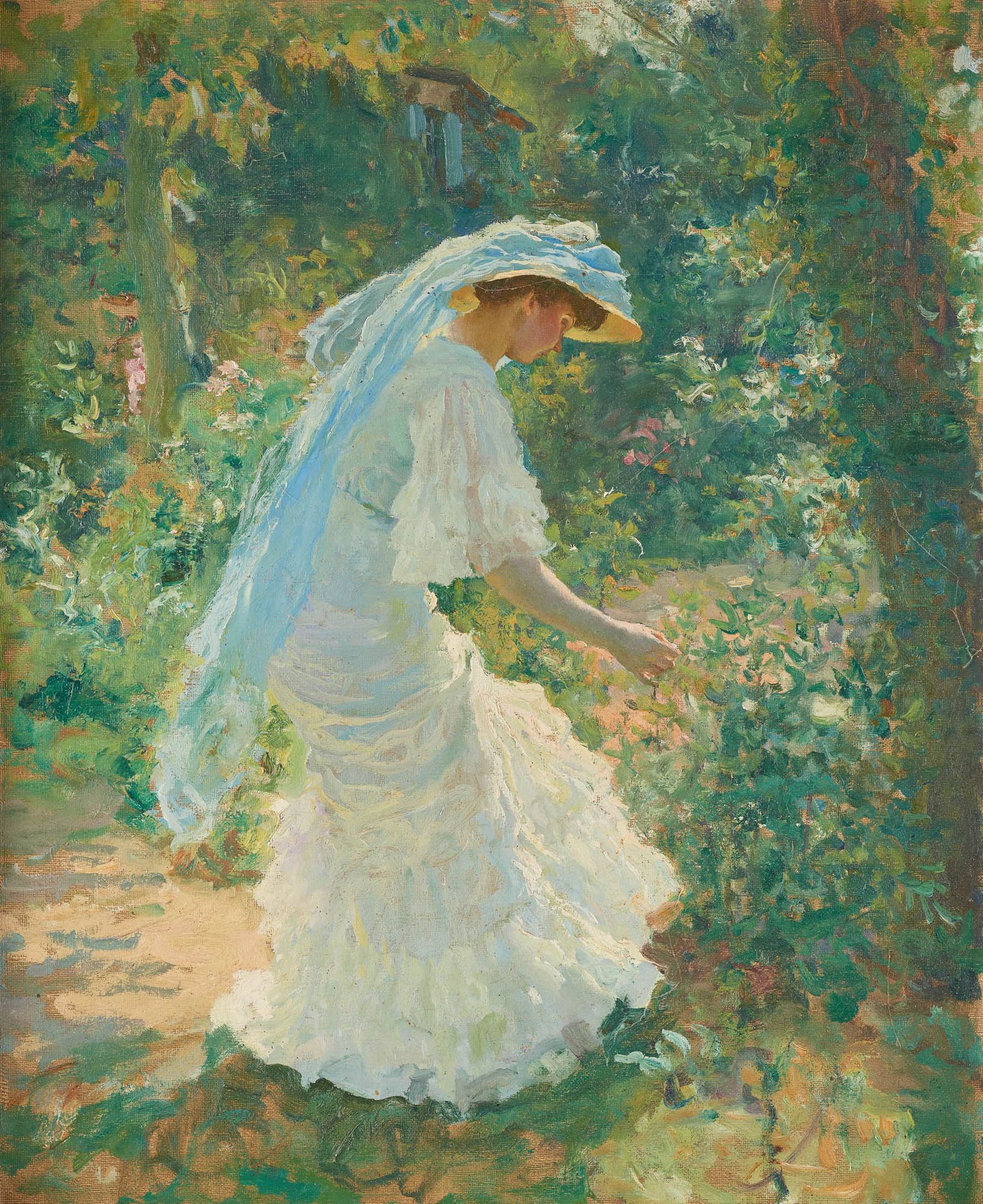 Travail circa 1900, dans le goût de John Singer Sargent. 布面油画：采摘鲜花的年轻女孩。

背面有标签的&hellip;