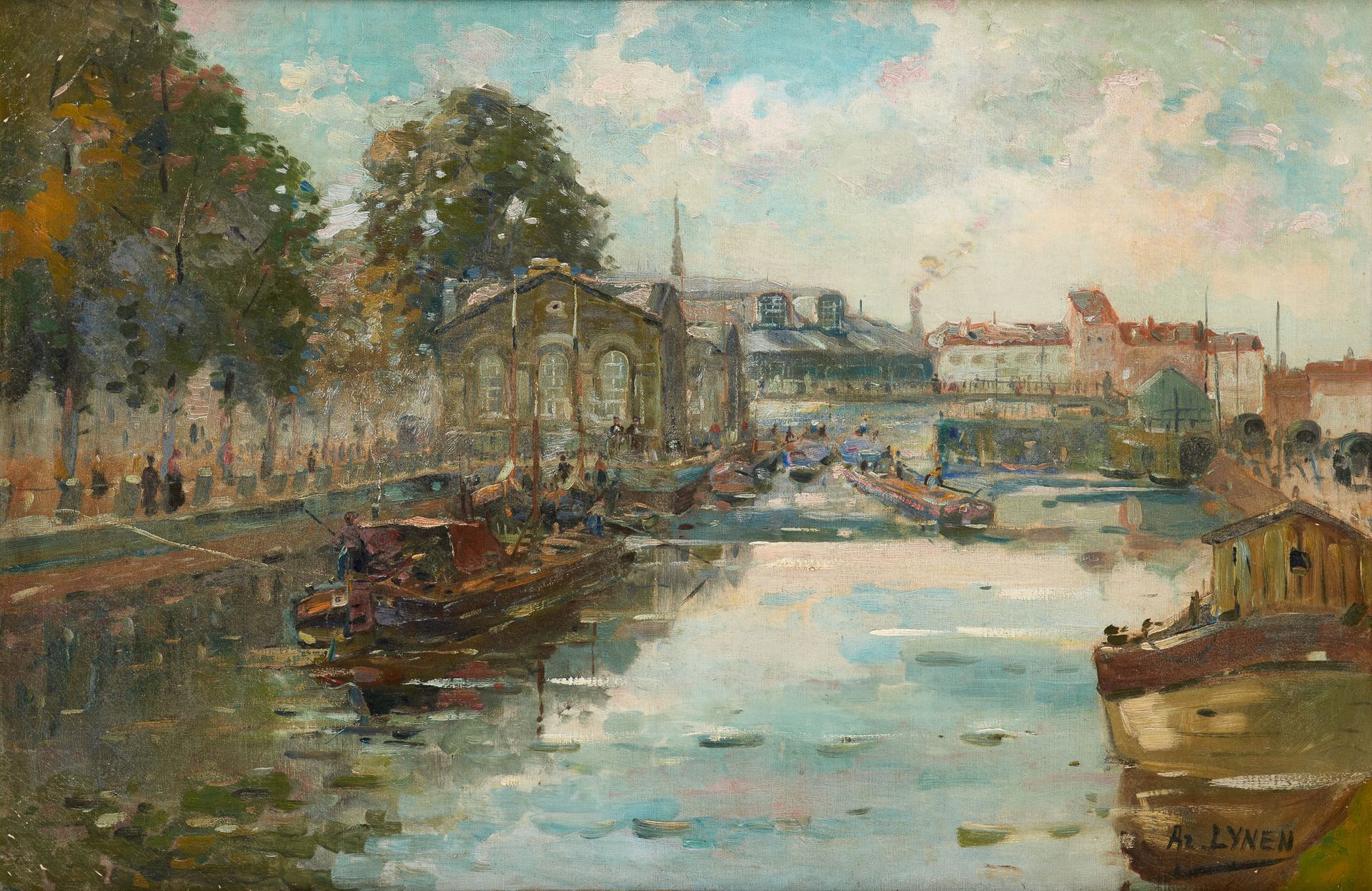 Armand LYNEN École belge (1849-1932) 布面油画：尼诺夫门的运河景观。

签名：阿。林恩。

(背面有修理)。

尺寸：60 &hellip;
