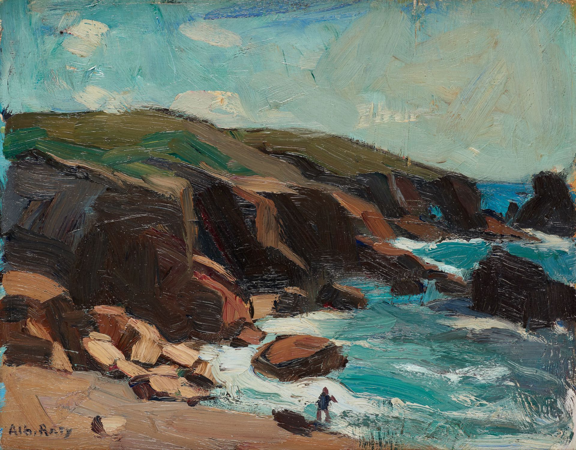 Albert RATY École belge (1889-1970) Huile sur panneau: Le port Bara à Quiberon.
&hellip;