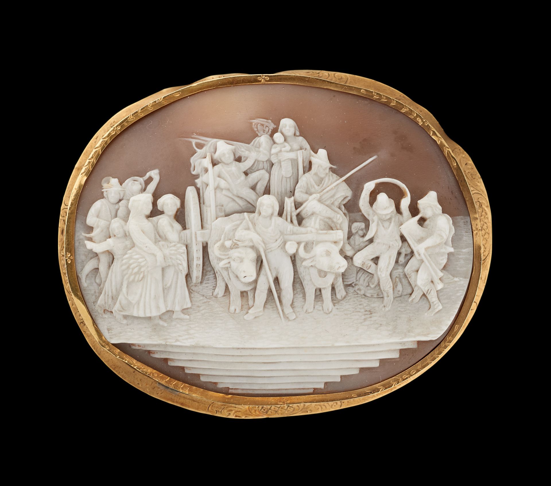 Travail italien 19e. Jewel: A yellow gold brooch with a cameo of a carriage with&hellip;