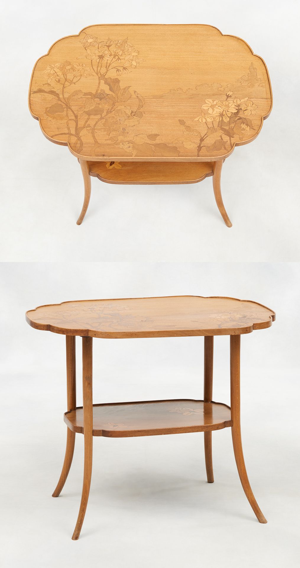 Émile Gallé (École française 1846-1904). 家具：侧桌，有两个贵重木材镶嵌的顶部，有花卉装饰。

顶板上有签名：Gallé&hellip;