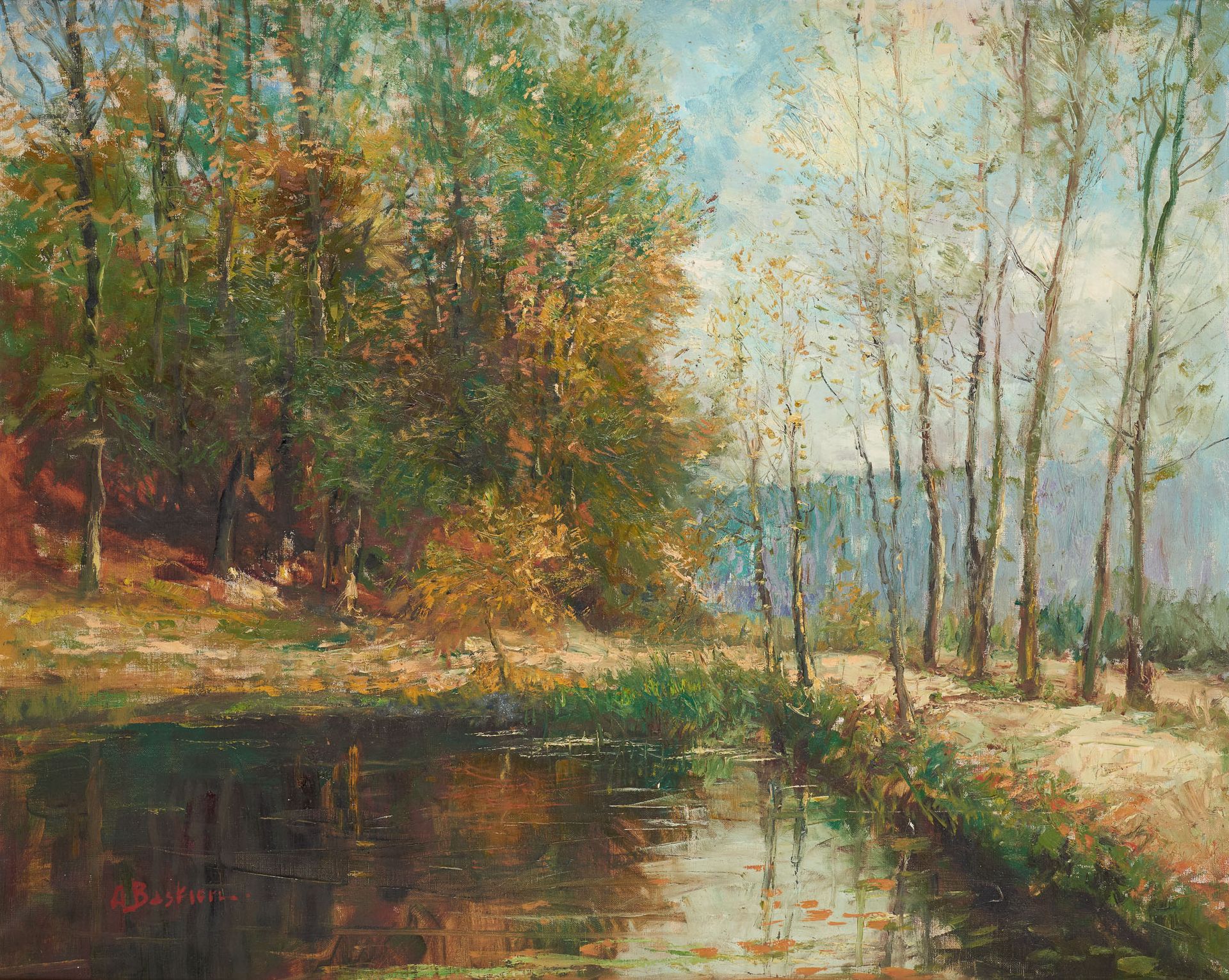 Alfred Théodore BASTIEN École belge (1873-1955) 布面油画：初秋的池塘。

签名：A.巴斯蒂安。

尺寸：80 x&hellip;
