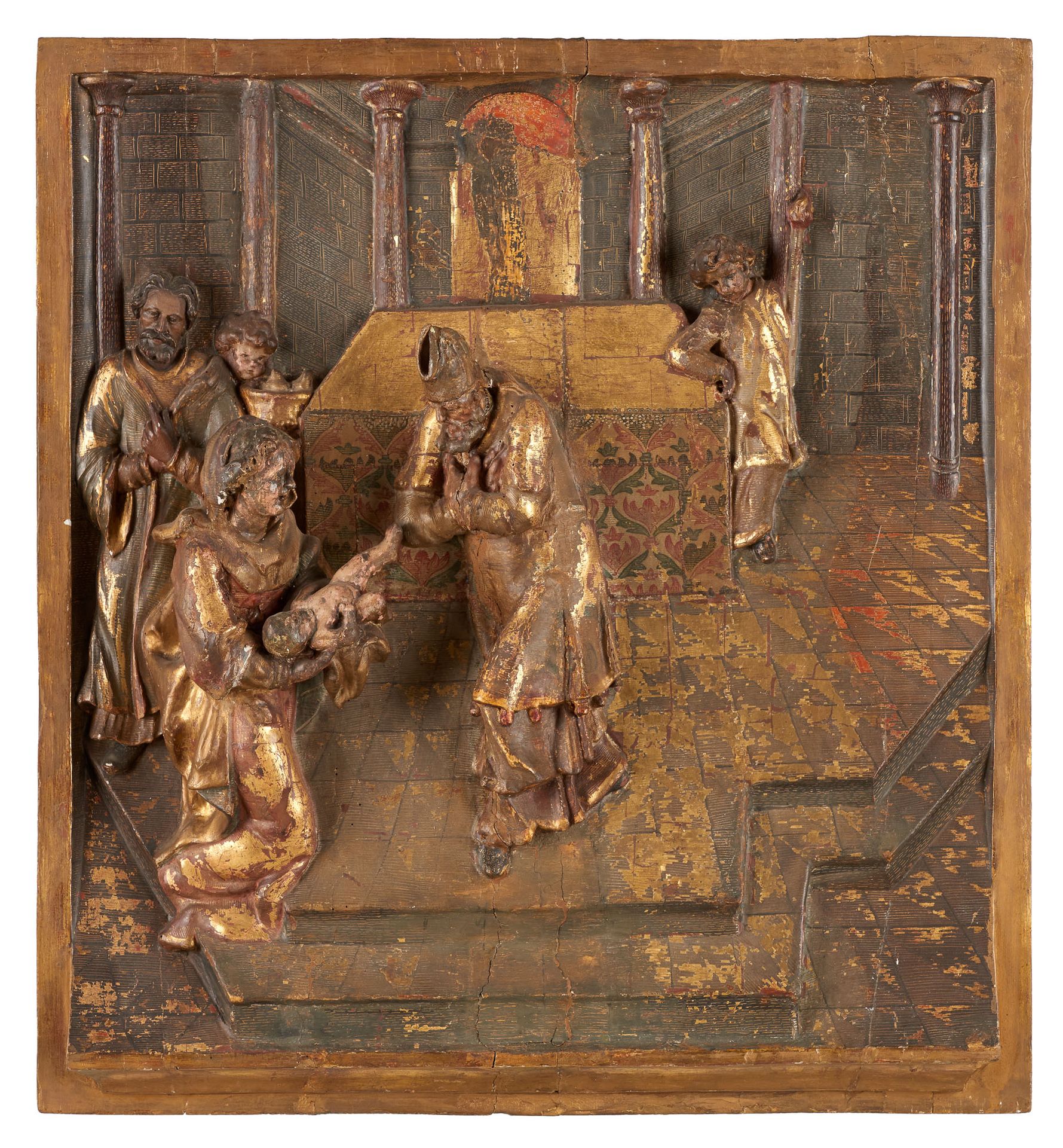 Travail flamand 17e. 
带有多色和镀金痕迹的高浮雕木雕：《洗礼》。




(缺失、事故和修复)。




尺寸：66 x 61厘米。


&hellip;
