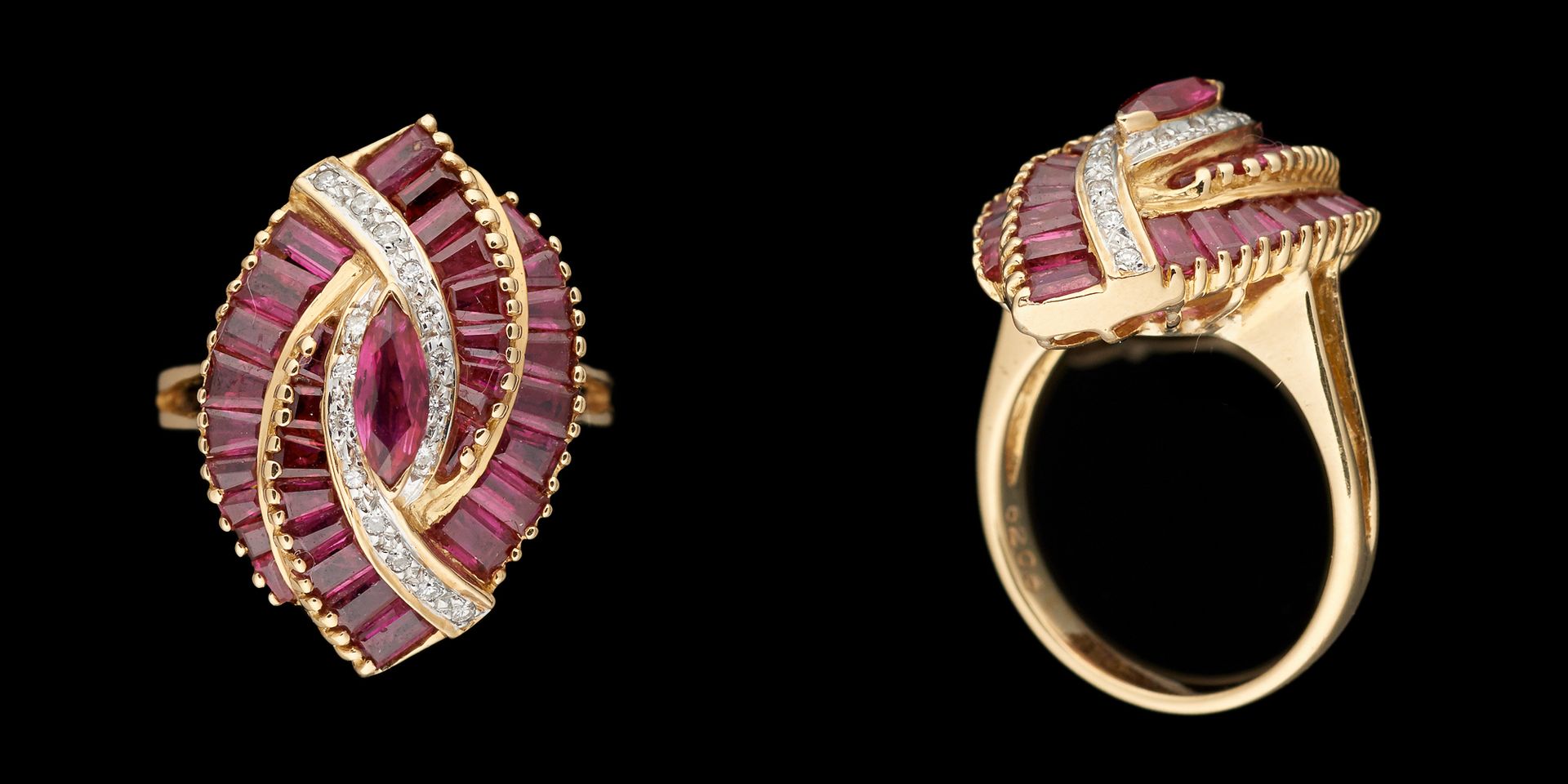 Joaillerie. Jewel: Yellow gold ring set with navette and baguette cut rubies and&hellip;