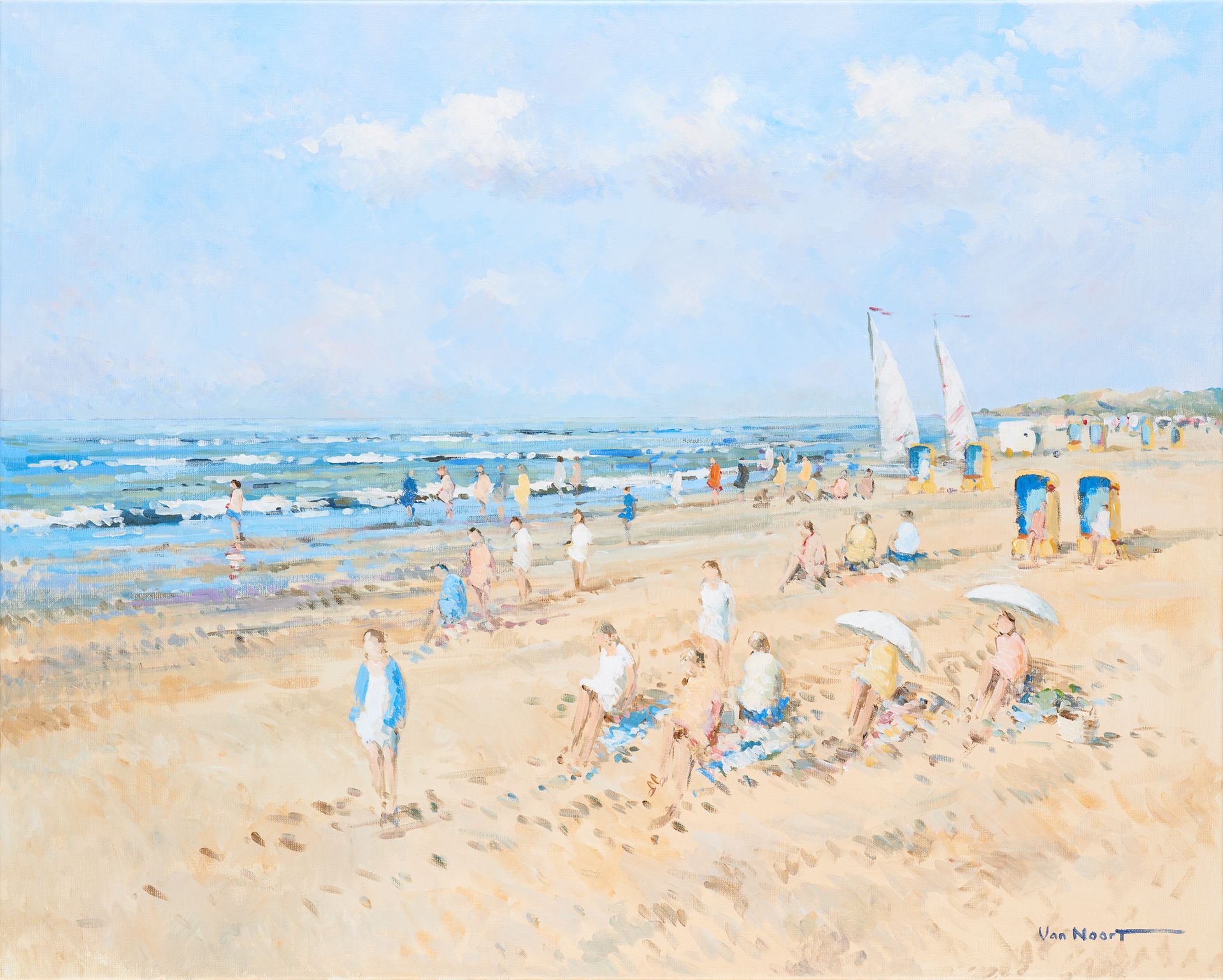 Alexander VAN NOORT École hollandaise (1953) Huile sur toile: Bord de mer animé.&hellip;