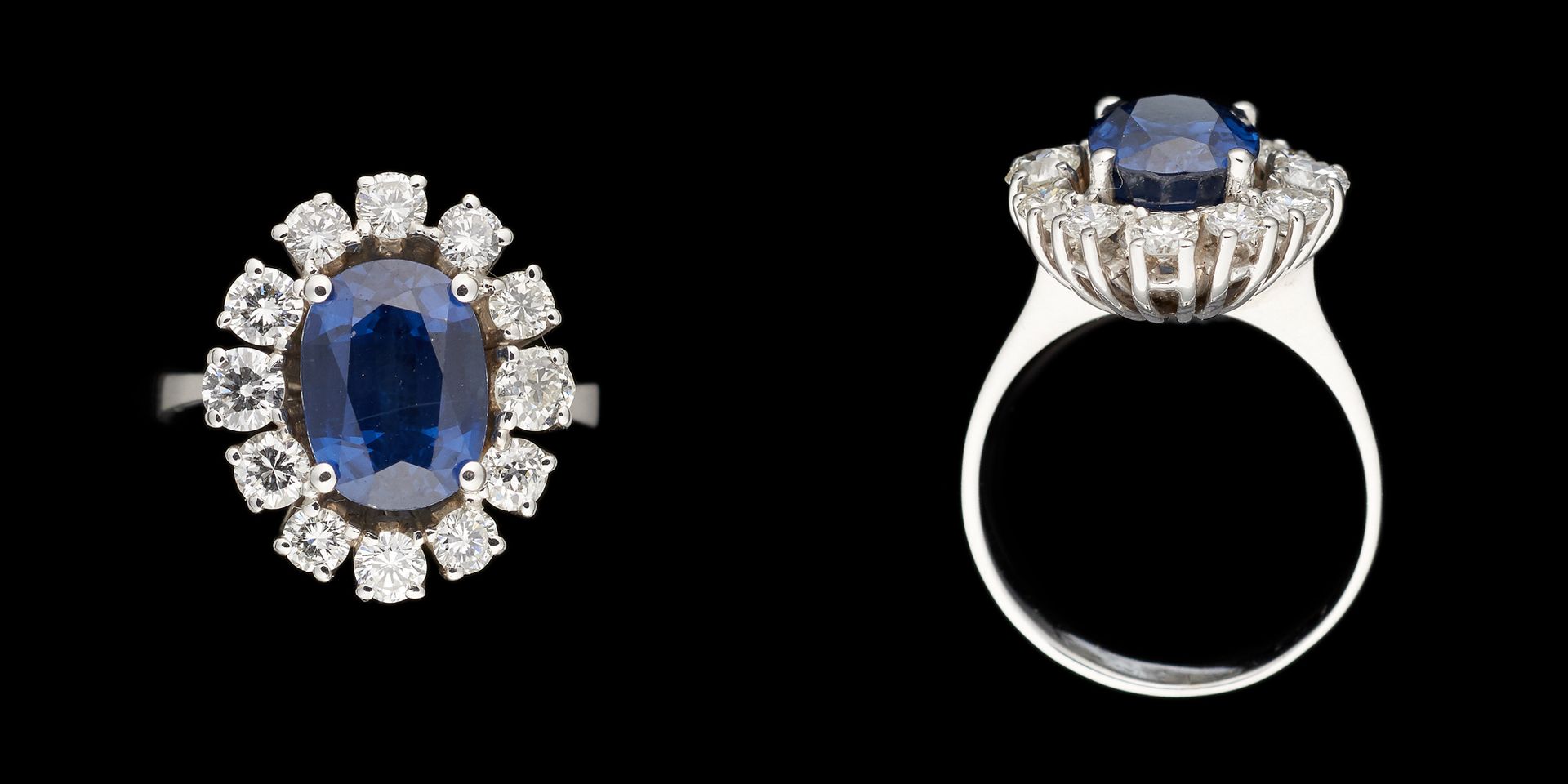 Joaillerie. 宝石：白金戒指，镶嵌了一颗+/-3.80克拉的蓝宝石和+/-1.40克拉的明亮式切割钻石。

手指大小：+/-56。