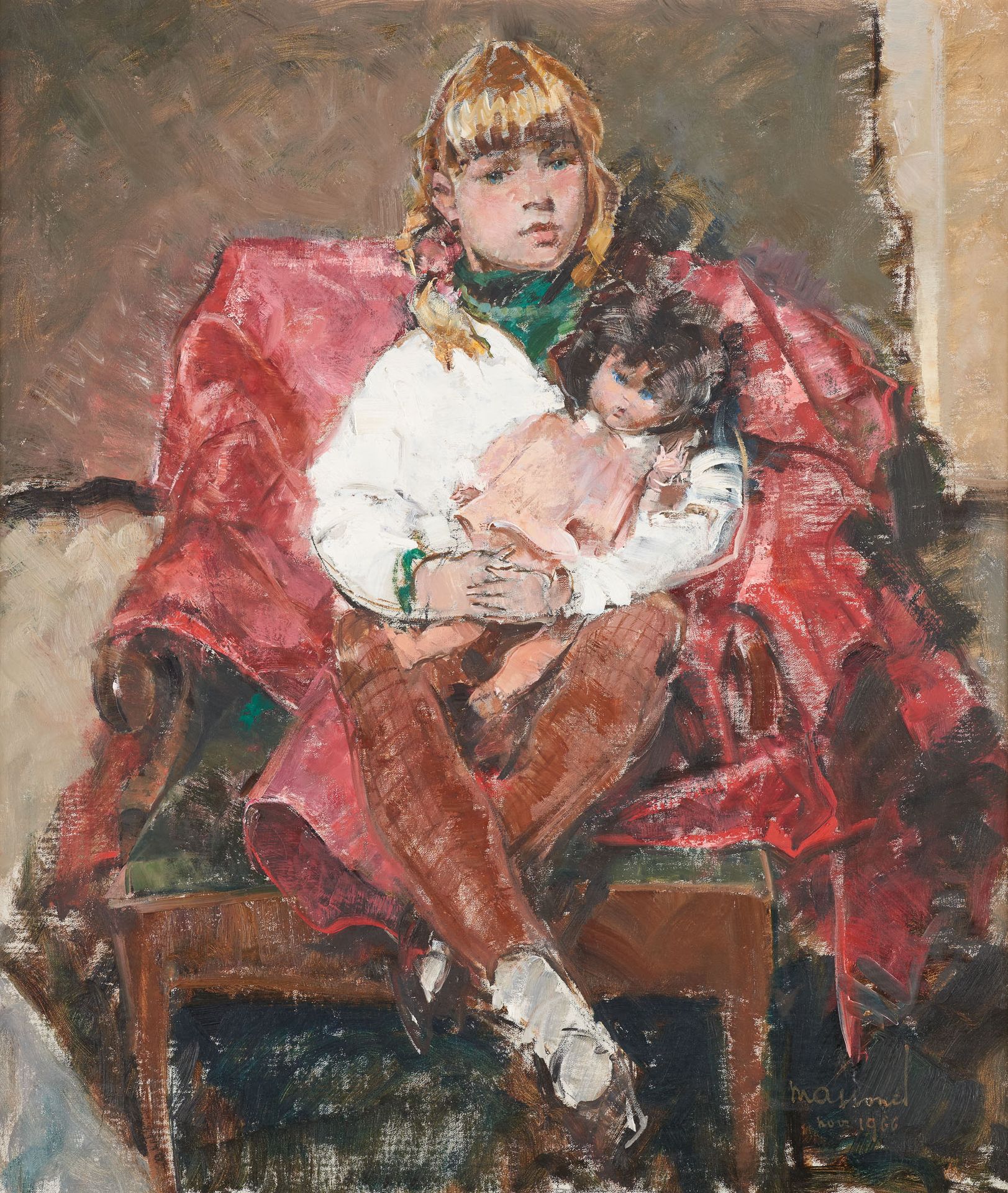 Armand MASSONET École belge (1892-1979) 布面油画：一个带着娃娃的年轻女孩的肖像。

签名和日期：Massonet 196&hellip;