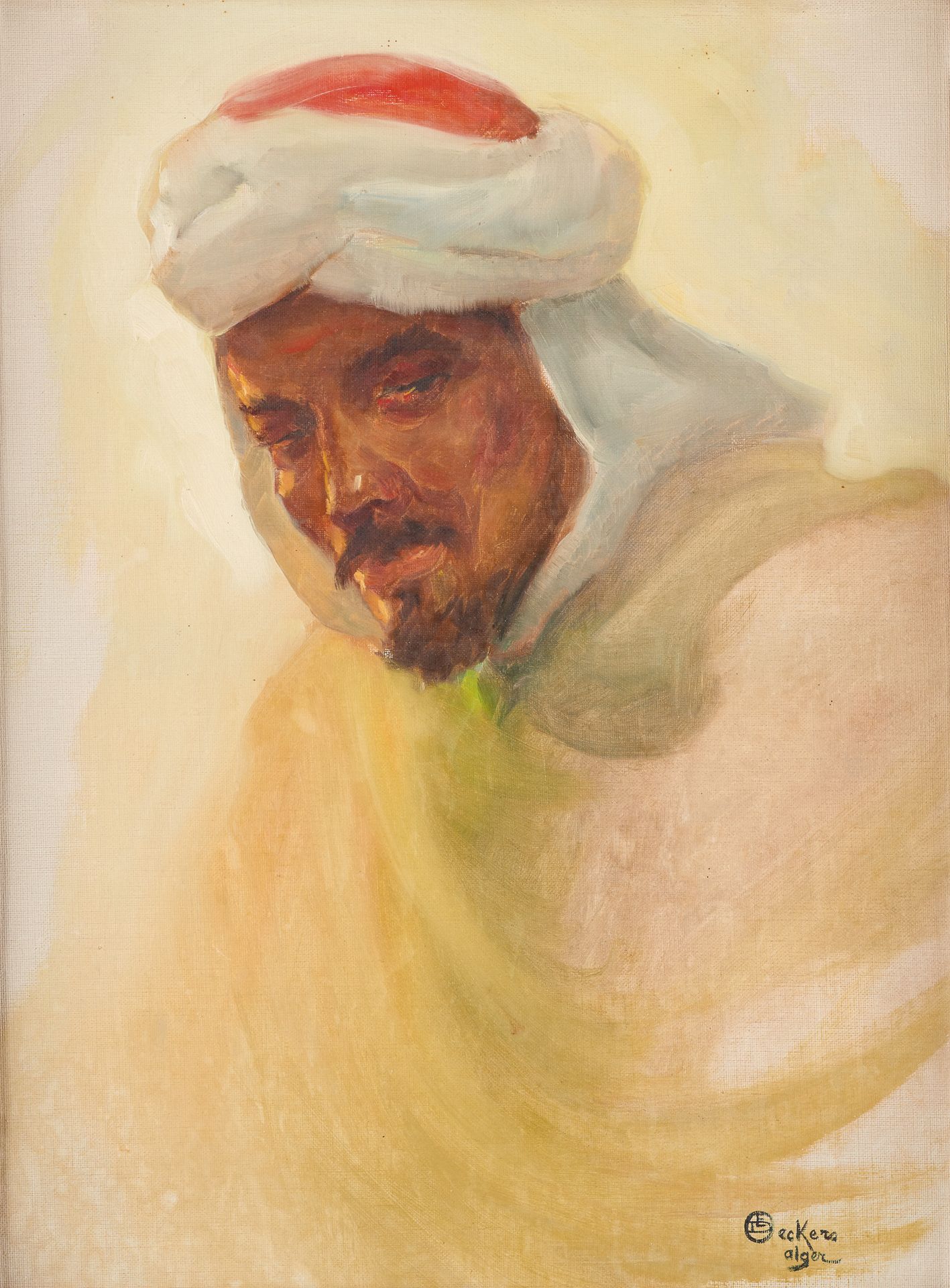 Émile DECKERS École belge (1885-1968) 布面油画：《一个阿尔及利亚人的肖像》。

签署并位于：E.德克尔斯-阿尔杰。

尺寸&hellip;